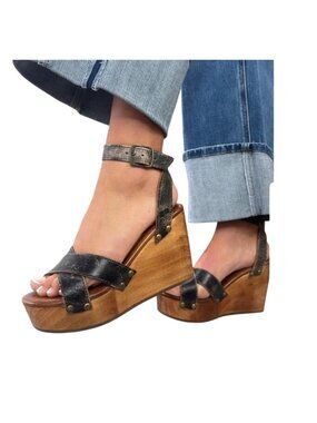 Bed Stu Grettell Platform Wedge Sandals Wooden Heel distressed Brown Size 7.5